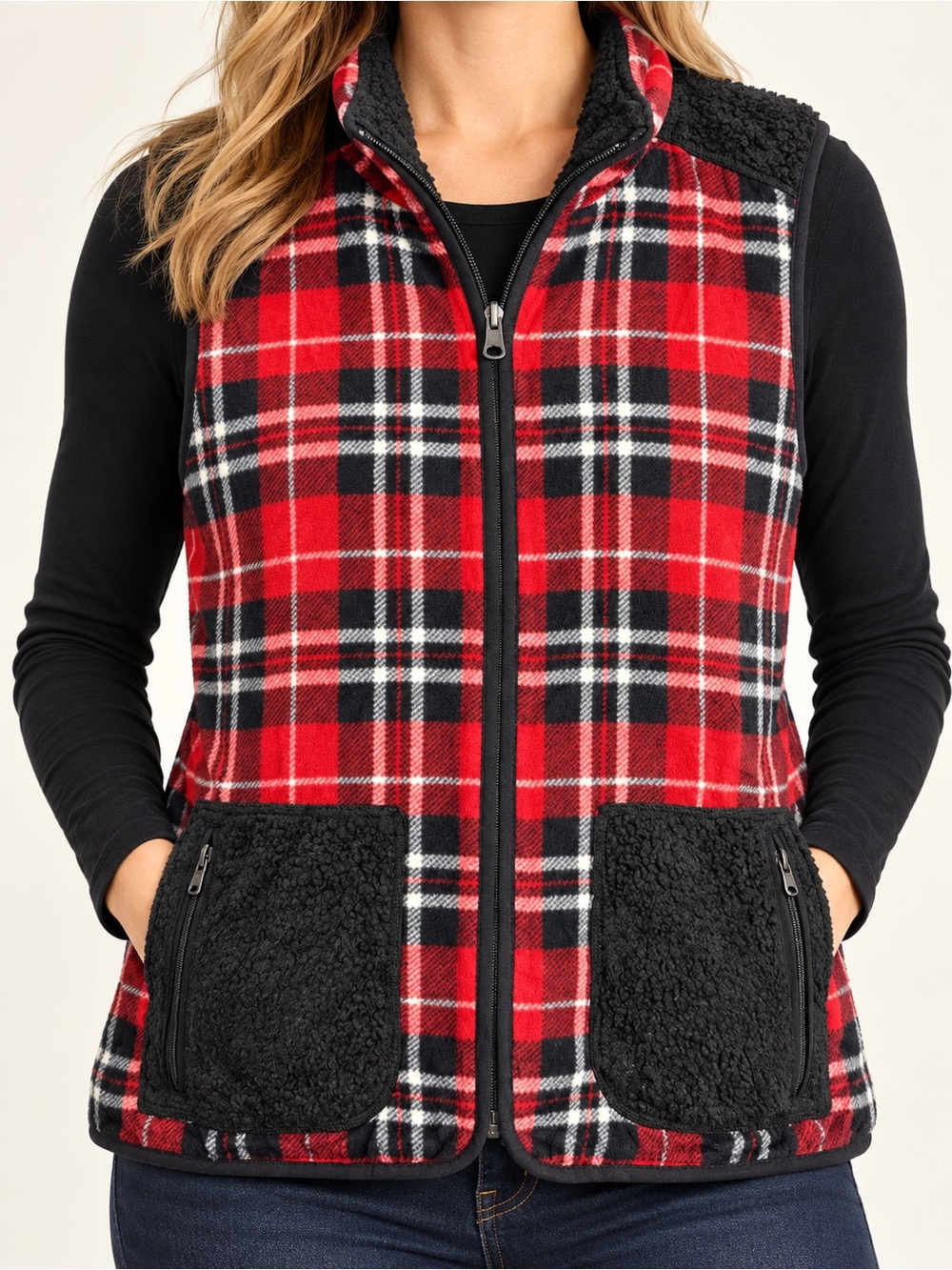 Talbots ThermaWarmth Red Black Plaid Fleece Vest Size L
